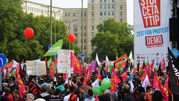 Rights activists take part in a march to protest against the Transatlantic Trade and Investment Partnership (TTIP) and Comprehensive Economic and Trade Agreement (CETA) in Berlin, Germany Rights activists take part in a march to protest against the Transatlantic Trade and Investment Partnership (TTIP) and Comprehensive Economic and Trade Agreement (CETA) in Berlin, Germany - Sputnik International