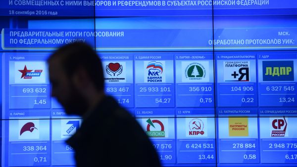 Early results of the Russian State Duma election on an information screen at the Russian Central Election Commission. - Sputnik International
