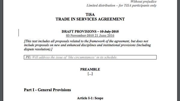 Leaked documents relating to negotiations of the Trade in Services Agreement (TiSA), released by Greenpeace. - Sputnik International