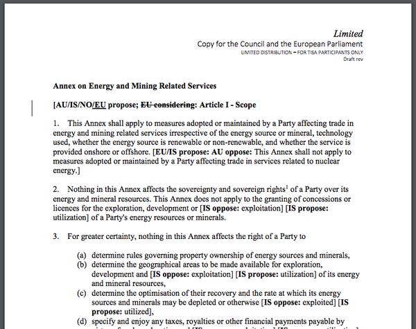 Leaked documents relating to negotiations of the Trade in Services Agreement (TiSA), released by Greenpeace. Opponents are concerned about the environmental impacts of any potential annex on energy and mining services. Leaked documents relating to negotiations of the Trade in Services Agreement (TiSA), released by Greenpeace. Opponents are concerned about the environmental impacts of any potential annex on energy and mining services. - Sputnik International