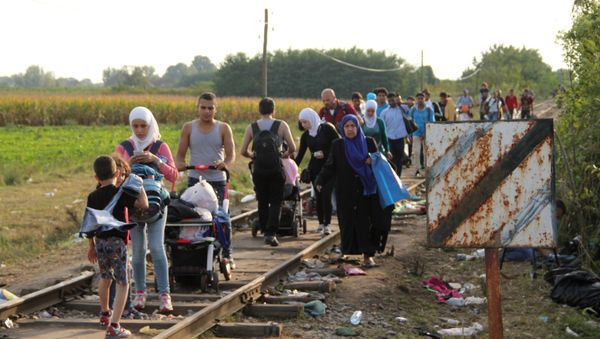 Refugees who did not cross the border before its closure walk on railroad tracks by the Serbian-Hungarian border near the village of Reske.file photo Refugees who did not cross the border before its closure walk on railroad tracks by the Serbian-Hungarian border near the village of Reske.file photo - Sputnik International