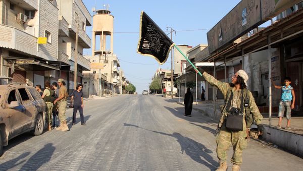 A terrorist from the Jund al-Aqsa group raises an Islamist flag after taking control of the northern Syrian town of Tayyibat al-Imam, northwest of Hama from Syrian government forces on August 31, 2016 A terrorist from the Jund al-Aqsa group raises an Islamist flag after taking control of the northern Syrian town of Tayyibat al-Imam, northwest of Hama from Syrian government forces on August 31, 2016 - Sputnik International