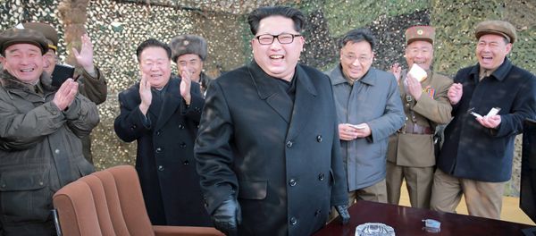 North Korean leader Kim Jung Un smiles after a successful test of a new rocket launch system. - Sputnik International