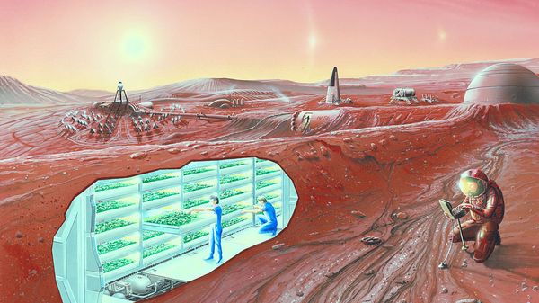 An artist's conception of a human Mars base, with a cutaway revealing an interior horticultural area An artist's conception of a human Mars base, with a cutaway revealing an interior horticultural area - Sputnik International