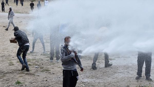 French police use water canons against participants during a march in support of migrants and refugees in the so-called 'Jungle' camp in the French northern port city of Calais on October 1, 2016. - Sputnik International