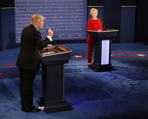Republican presidential nominee Donald Trump gestures during the presidential debate with Democratic presidential nominee Hillary Clinton at Hofstra University in Hempstead, N.Y., Monday, Sept. 26, 2016 - Sputnik International