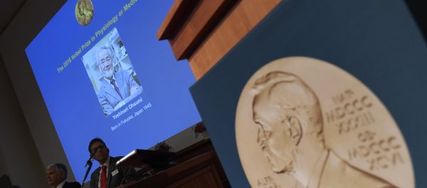 A portrait of the 2016 Nobel Medicine Prize winner Yoshinori Ohsumi of Japan is displayed behind members of the Nobel Committtee for Physiology or Medicine 2016 during a press conference to announce the winner of the 2016 Nobel Prize in Medicine at the Nobel Forum in Stockholm on October 3, 2016. - Sputnik International