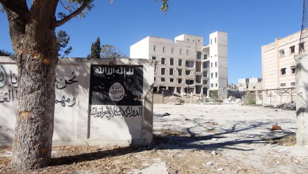 A general view taken on September 25, 2016 shows the flag of the Islamic State (IS) group painted on the wall outside the ancient Minbij hotel in the Syrian town of Manbij, that was used as a prison when it was under the control of the Islamic State (IS) group. - Sputnik International
