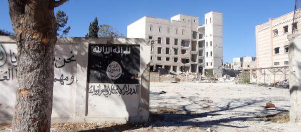 A general view taken on September 25, 2016 shows the flag of the Islamic State (IS) group painted on the wall outside the ancient Minbij hotel in the Syrian town of Manbij, that was used as a prison when it was under the control of the Islamic State (IS) group. - Sputnik International