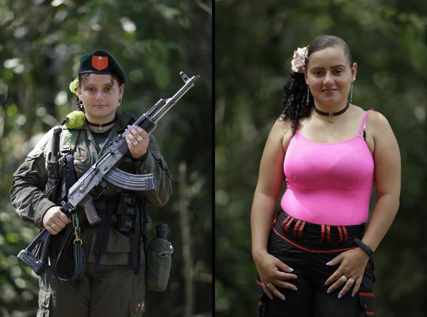 This Aug. 13, 2016 photo shows two portraits of Diana Marcela, one of her holding a weapon while in uniform for the 32nd front of the Revolutionary Armed Forces of Colombia (FARC), and in civilian clothing at a guerrilla camp in the southern jungle of Putumayo, Colombia This Aug. 13, 2016 photo shows two portraits of Diana Marcela, one of her holding a weapon while in uniform for the 32nd front of the Revolutionary Armed Forces of Colombia (FARC), and in civilian clothing at a guerrilla camp in the southern jungle of Putumayo, Colombia - Sputnik International