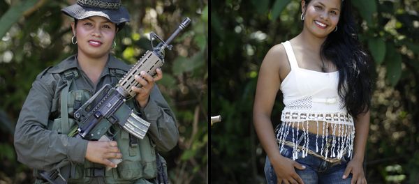 This Aug. 16, 2016 photo shows two portraits of Johana, one of her holding a weapon while in uniform for the 32nd front of the Revolutionary Armed Forces of Colombia (FARC), and in civilian clothing at a guerrilla camp in the southern jungle of Putumayo, Colombia - Sputnik International
