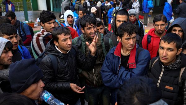 Refugees and migrants stage a protest as they take a break at a petrol station before abandoning their trek to the Hungarian border, in the town of Indjija, Serbia October 5, 2016 Refugees and migrants stage a protest as they take a break at a petrol station before abandoning their trek to the Hungarian border, in the town of Indjija, Serbia October 5, 2016 - Sputnik International