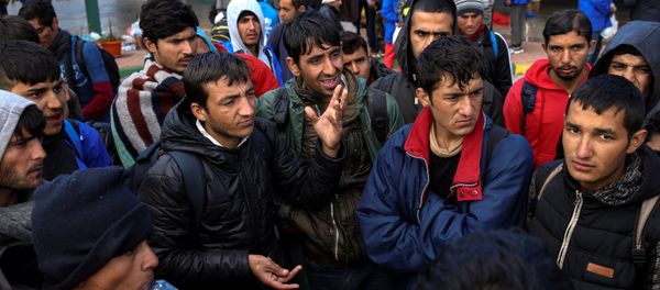 Refugees and migrants stage a protest as they take a break at a petrol station before abandoning their trek to the Hungarian border, in the town of Indjija, Serbia October 5, 2016 Refugees and migrants stage a protest as they take a break at a petrol station before abandoning their trek to the Hungarian border, in the town of Indjija, Serbia October 5, 2016 - Sputnik International