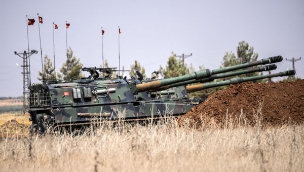 Turkish military tanks are seen during clashes between Turkish soldiers and Islamic State group fighters, 20 km west of the Turkish-Syrian border town of Karkamis, in the southern region of Gaziantep, on September 3, 2016 Turkish military tanks are seen during clashes between Turkish soldiers and Islamic State group fighters, 20 km west of the Turkish-Syrian border town of Karkamis, in the southern region of Gaziantep, on September 3, 2016 - Sputnik International