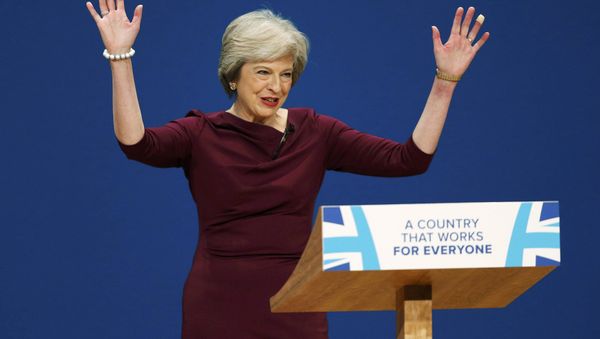 Britain's Prime Minister Theresa May gives her speech on the final day of the annual Conservative Party Conference in Birmingham, Britain, October 5, 2016. Britain's Prime Minister Theresa May gives her speech on the final day of the annual Conservative Party Conference in Birmingham, Britain, October 5, 2016. - Sputnik International