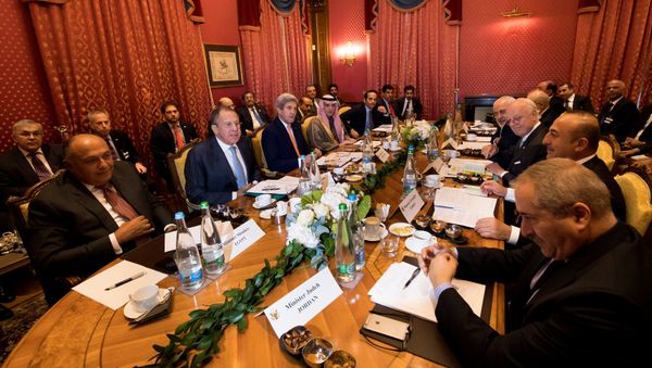 (From L-R), Egypt's Foreign Minister Sameh Shoukry, Russia's Foreign Minister Sergei Lavrov, U.S. Secretary of State John Kerry, Saudi Arabia's Foreign Minister Adel al-Jubeir, Qatar's Foreign Minister Sheikh Mohammed bin Abdulrahman al-Thani, Iraq's Foreign Minister Ibrahim al-Jaafari, Iran's Foreign Minister Mohammad Javad Zarif, Staffan de Mistura, UN Special Envoy of the Secretary-General for Syria, Turkey's Foreign Affairs Minister Mevlut Cavusoglu, Jordan's Foreign Minister Nasser Judeh, speak together around a table during a bilateral meeting where they discussed the crisis in Syria, in Lausanne, Switzerland, October 15, 2016 - Sputnik International