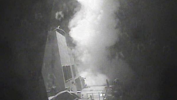 In this Thursday Oct. 13 photo released by US Navy, the guided missile destroyer USS Nitze (DDG 94) launches a strike against coastal sites in Houthi-controlled territory on Yemen's Red Sea coast In this Thursday Oct. 13 photo released by US Navy, the guided missile destroyer USS Nitze (DDG 94) launches a strike against coastal sites in Houthi-controlled territory on Yemen's Red Sea coast - Sputnik International