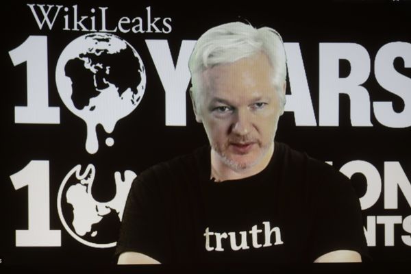In this Oct. 4, 2016 file photo, WikiLeaks founder Julian Assange participates via video link at a news conference marking the 10th anniversary of the secrecy-spilling group in Berlin. WikiLeaks said on Monday, Oct. 17, 2016, that Assange's internet access has been cut by an unidentified state actor. - Sputnik International