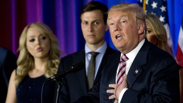 Republican presidential candidate Donald Trump is joined by his daughter Tiffany, left, and son-in-law Jared Kushner as he speaks during a news conference at the Trump National Golf Club Westchester,  June 7, 2016, in Briarcliff Manor, NY. - Sputnik International