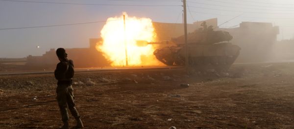 A rebel fighter stands near a Turkish tank as it fires towards Guzhe village, northern Aleppo countryside, Syria October 17, 2016 A rebel fighter stands near a Turkish tank as it fires towards Guzhe village, northern Aleppo countryside, Syria October 17, 2016 - Sputnik International