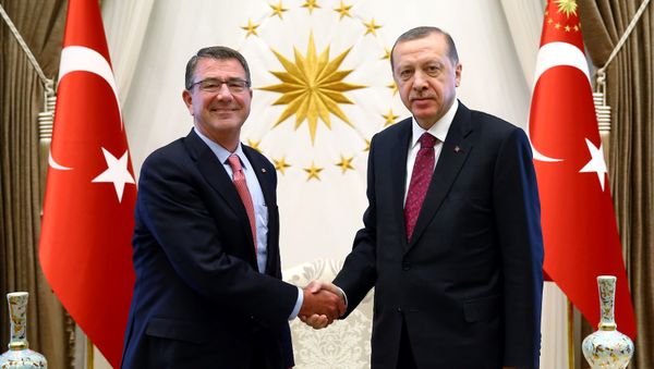Turkey's President Tayyip Erdogan (R) shakes hands with US Defense Secretary Ash Carter at the Presidential Palace in Ankara, Turkey, October 21, 2016. - Sputnik International