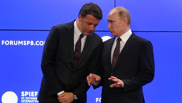 Russian President Vladimir Putin (R) talks to Italy's Prime Minister Matteo Renzi as they attend a signing ceremony following their talks at the St. Petersburg International Economic Forum in Saint Petersburg on June 17, 2016 Russian President Vladimir Putin (R) talks to Italy's Prime Minister Matteo Renzi as they attend a signing ceremony following their talks at the St. Petersburg International Economic Forum in Saint Petersburg on June 17, 2016 - Sputnik International