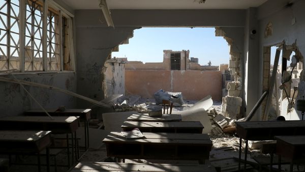 A damaged classroom is pictured after shelling in the rebel held town of Hass, south of Idlib province, Syria A damaged classroom is pictured after shelling in the rebel held town of Hass, south of Idlib province, Syria - Sputnik International