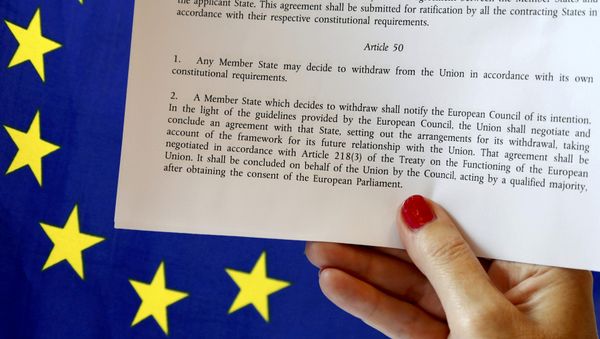 Article 50 of the EU's Lisbon Treaty that deals with the mechanism for departure is pictured near an EU flag following Britain's referendum results to leave the European Union, in this photo illustration taken in Brussels, Belgium, June 24, 2016. Article 50 of the EU's Lisbon Treaty that deals with the mechanism for departure is pictured near an EU flag following Britain's referendum results to leave the European Union, in this photo illustration taken in Brussels, Belgium, June 24, 2016. - Sputnik International