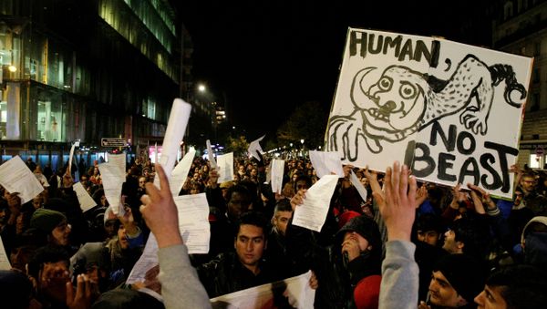 A man holds a placard reading Human not beast during a rally on November 2, 2016 in support of migrants living in a makeshift camp near the Stalingrad metro station in Paris, prior to its evacuation this week. - Sputnik International