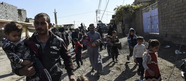 Iraqi civilians flee the village of Gogjali, a few hundred metres of Mosul's eastern edge, as clashes go on between Iraq army forces and jihadists of the Islamic State (IS) group to retake Mosul, the last Iraqi city under the control of IS, on November 2, 2016 - Sputnik International