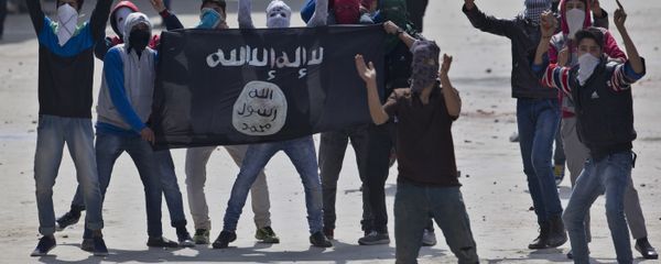 Kashmiri Muslim protesters hold a flag of Islamic State as they shout anti-India slogans during a protest in Srinagar, Indian controlled Kashmir, Friday, April 8, 2016 - Sputnik International