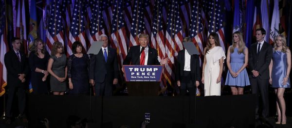 U.S. President-elect Donald Trump, along with his family and running mate Mike Pence, addresses supporters during his election night rally in Manhattan, New York, U.S., November 9, 2016 U.S. President-elect Donald Trump, along with his family and running mate Mike Pence, addresses supporters during his election night rally in Manhattan, New York, U.S., November 9, 2016 - Sputnik International