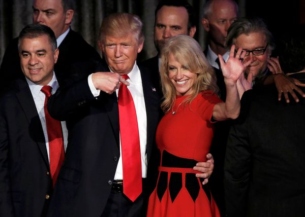 US President-elect Donald Trump and his campaign manager Kellyanne Conway greet supporters during his election night rally in Manhattan, New York, US, November 9, 2016 US President-elect Donald Trump and his campaign manager Kellyanne Conway greet supporters during his election night rally in Manhattan, New York, US, November 9, 2016 - Sputnik International