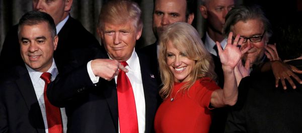 US President-elect Donald Trump and his campaign manager Kellyanne Conway greet supporters during his election night rally in Manhattan, New York, US, November 9, 2016 US President-elect Donald Trump and his campaign manager Kellyanne Conway greet supporters during his election night rally in Manhattan, New York, US, November 9, 2016 - Sputnik International
