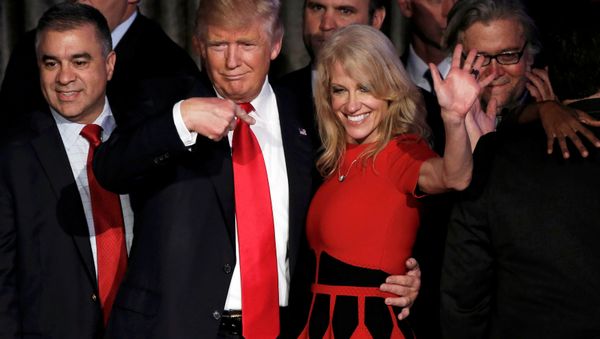 US President-elect Donald Trump and his campaign manager Kellyanne Conway greet supporters during his election night rally in Manhattan, New York, US, November 9, 2016 US President-elect Donald Trump and his campaign manager Kellyanne Conway greet supporters during his election night rally in Manhattan, New York, US, November 9, 2016 - Sputnik International