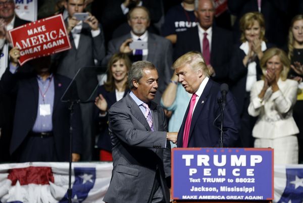 Donald Trump welcomes Nigel Farage, left, ex-leader of the British UKIP party, to speak at a campaign rally in Jackson, Miss., Wednesday, Aug. 24, 2016. Donald Trump welcomes Nigel Farage, left, ex-leader of the British UKIP party, to speak at a campaign rally in Jackson, Miss., Wednesday, Aug. 24, 2016. - Sputnik International