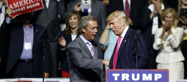 Republican presidential candidate Donald Trump welcomes Nigel Farage, left, ex-leader of the British UKIP party, to speak at a campaign rally in Jackson, Miss., Wednesday, Aug. 24, 2016. Republican presidential candidate Donald Trump welcomes Nigel Farage, left, ex-leader of the British UKIP party, to speak at a campaign rally in Jackson, Miss., Wednesday, Aug. 24, 2016. - Sputnik International