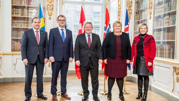 Prime ministers Stefan Lofven of Sweden, Juha Sipila of Finland, Lars Lokke Rasmussen of Denmark, Erna Solberg of Norway and Iceland's Minister of Social Affairs Eyglo Hardardottir pose for a family photo in the Danish Prime Minister's office on the occasion of the Nordic Council joint meeting in Copenhagen, Denmark, November 2, 2016 - Sputnik International