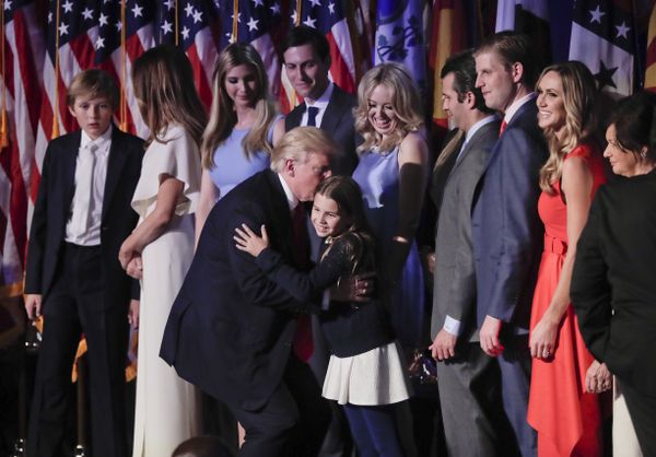 President elect Donald Trump greets members of his family after giving an his acceptance speech at an election night rally, Wednesday, Nov. 9, 2016, in New York. - Sputnik International