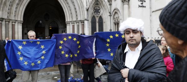 A pro-Brexit supporter (R) from Invoke Article 50 Now!, dressed as a judge, stands in front of Pro-European Union (EU) supporters outside the entrance to The Royal Courts of Justice, Britain's High Court, in London on October 13, 2016, during a protest against the UK's decision to leave the EU. - Sputnik International
