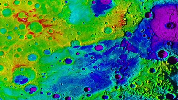 Using colorized topography, Mercury’s great valley (dark blue) and Rembrandt impact basin (purple, upper right) are revealed in this high-resolution digital elevation model merged with an image mosaic obtained by NASA’s MESSENGER spacecraft. Using colorized topography, Mercury’s great valley (dark blue) and Rembrandt impact basin (purple, upper right) are revealed in this high-resolution digital elevation model merged with an image mosaic obtained by NASA’s MESSENGER spacecraft. - Sputnik International