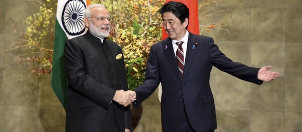 Indian Prime Minister Narendra Modi, left, is welcomed by his Japanese counterpart Shinzo Abe upon his arrival for their meeting at Abe's official residence in Tokyo, Friday, Nov. 11, 2016 Indian Prime Minister Narendra Modi, left, is welcomed by his Japanese counterpart Shinzo Abe upon his arrival for their meeting at Abe's official residence in Tokyo, Friday, Nov. 11, 2016 - Sputnik International