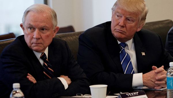 Donald Trump sits with U.S. Senator Jeff Sessions (R-AL) at Trump Tower in Manhattan, New York, U.S., October 7, 2016 - Sputnik International