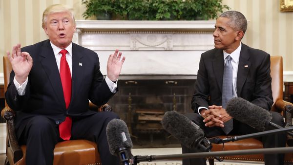 President Barack Obama listens to President-elect Donald Trump speak to members of the media during their meeting in the Oval Office of the White House in Washington, Thursday, Nov. 10, 2016 President Barack Obama listens to President-elect Donald Trump speak to members of the media during their meeting in the Oval Office of the White House in Washington, Thursday, Nov. 10, 2016 - Sputnik International