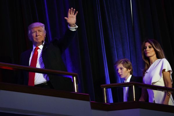 President-elect Donald Trump, left, walks with his son Barron, center, and wife Melania, to speak at an election night rally, Wednesday, Nov. 9, 2016, in New York President-elect Donald Trump, left, walks with his son Barron, center, and wife Melania, to speak at an election night rally, Wednesday, Nov. 9, 2016, in New York - Sputnik International