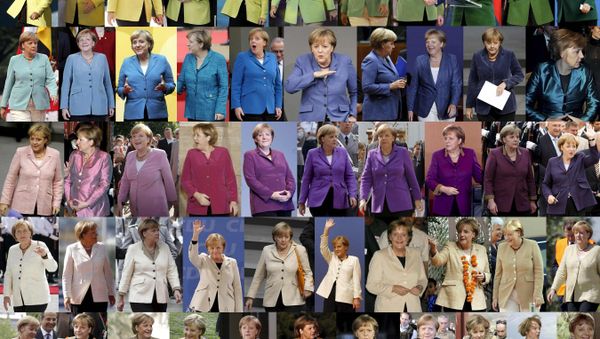 A undated combination picture shows German Chancellor Angela Merkel, wearing jackets of differing colours while attending various public events. Senior German CDU party sources say on November 20, 2016 that Merkel will run again for the Chancellorship in the next year general elections. - Sputnik International