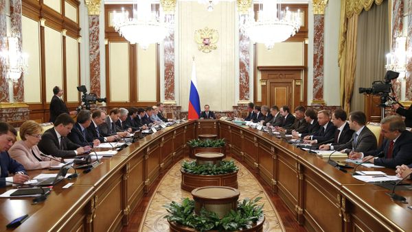 Russian Prime Minister Dmitry Medvedev, center, chairs a Government meeting at the Government House. (File) Russian Prime Minister Dmitry Medvedev, center, chairs a Government meeting at the Government House. (File) - Sputnik International