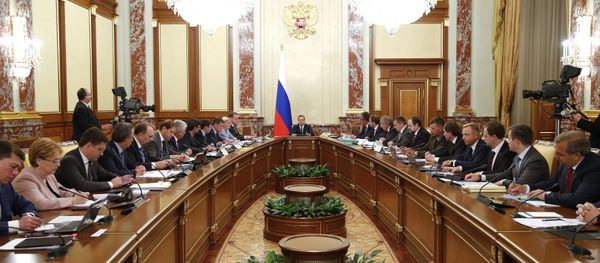 Russian Prime Minister Dmitry Medvedev, center, chairs a Government meeting at the Government House. (File) Russian Prime Minister Dmitry Medvedev, center, chairs a Government meeting at the Government House. (File) - Sputnik International