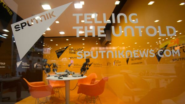 Стенд Международного информационного агентства Sputnik (Спутник) в ЭкспоФоруме перед открытием XX Санкт-Петербургского международного экономического форума - Sputnik International