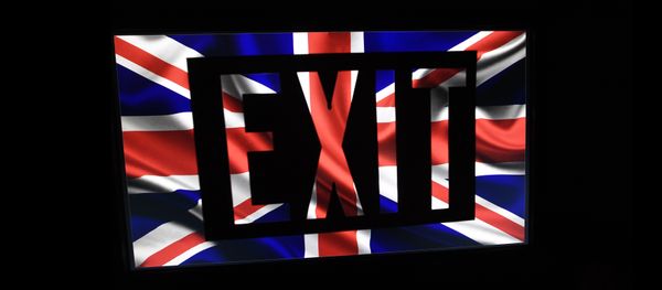 A screen grab shows the British flag with an exit sign superimposed on October 19, 2016 in Paris. - Sputnik International